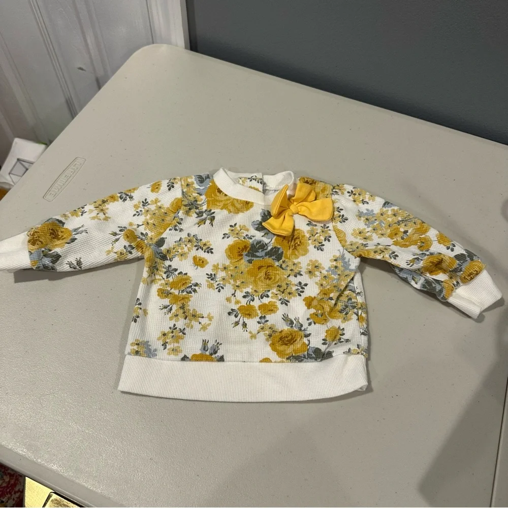 12M Laura Ashley Baby Floral Thermal Long Sleeve Top with Grey Ribbed Leggings